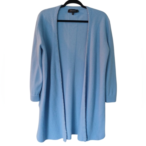 St. John Cashmere Light Blue Long Open Cardigan With Silver Bead Trim Medium